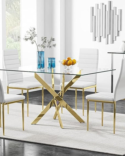 5 Piece Glass Dining Table Table Set, Tempered Glass Dining Table Set for 4 Kitchen Table Set with 4 Upholstered Chairs for Kitchen Dining Room (Gold Leg Table with Gold Leg Chair)