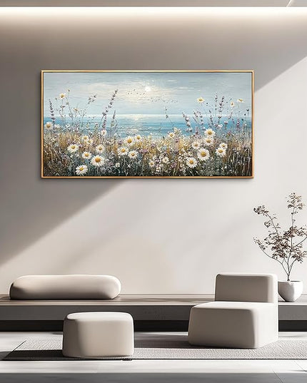 PHAOHUAXM Large Canvas Wall Decoration For Living Room Wall Art For Bedroom Office Decorations Blue Ocean Paintings Flowers Watercolour Wall Pictures Canvas Artworks Home Decor Wood Framed 24x48 In