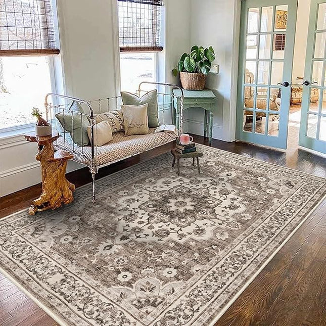 Washable Oriental Area Rug - 5x7 Rugs for Living Room Soft Carpet for Bedroom Waterproof Floral Distressed Indoor Stain Resistant Non-Shedding Floor Carpets (Beige, 5x7)