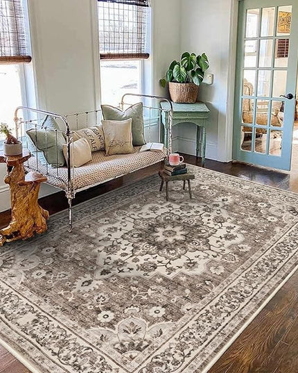 Washable Oriental Area Rug - 5x8 Rugs for Living Room Soft Carpet for Bedroom Waterproof Floral Distressed Indoor Stain Resistant Non-Shedding Floor Carpets (Beige, 5x8)