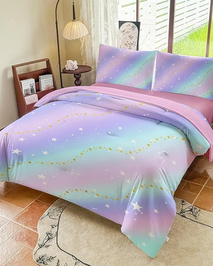 Rainbow Bedding Set Twin Size – 5 Piece Reversible Girls Comforter with Deep-Pocket Sheet, Gradient Galaxy Design, Whole-Piece Filling, Machine Washable Bed-in-a-Bag for Kids Room Makeover & Gifts