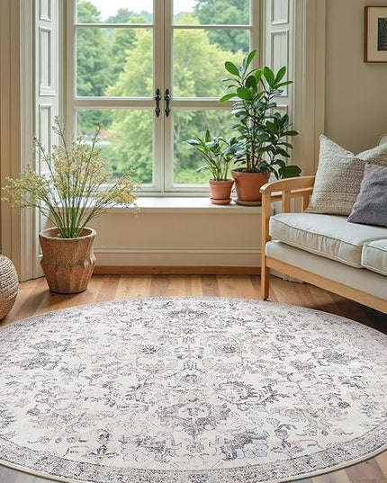 jinchan Kalen Round Rug 7ft Area Rug Washable Vintage Indoor Retro Floor Cover Distressed Gray Floral 7' Round Circle Boho Non Slip Thin Carpet for Living Room Dining Room Bedroom Kitchen Grey