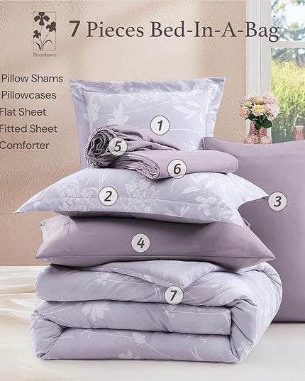 Queen Comforter Set -7 Pieces Floral Purple Comforter Set for All Seasons, Bed in a Bag Queen with Botanical Flowers Comforter, Sheets, Pillowcases & Shams