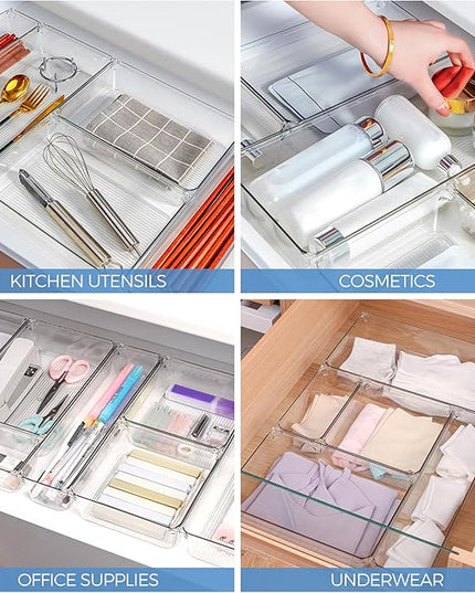 Ravinte 6 Pack Drawer Organizer - 6" X 9" Plastic Storage Bins, Acrylic Organizers with Non-Slip Pads Clear Desk Storage Tray for Makeup, Jewelries, Kitchen Utensils, Bathroom and Office