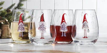 Elegant Home Set of Four (4) 20oz Holiday Festive Gnomes Christmas Stemless Clear Wine Glass For Red Or White Wine