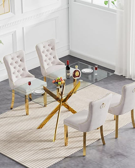 60" Glass Dining Table Set for 4, Modern Dining Room Table Set for 4, Gold X-Shape Pedestal Glass Table with 4pcs Beige Dining Chairs, 5 Piece Dining Set for Dining Living Room