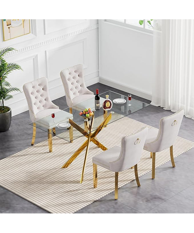 5 Piece Glass Dining Table Set with 4 Fabric Chairs, 51in Glass Gold Kitchen Table and Chair Set for 4, Beige Upholstered Chair, Modern Dining Room Set for 4, Metal Legs Home Kitchen Furniture
