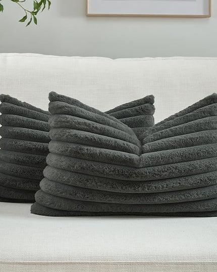 FUTEI Dark Grey Throw Pillow Covers Set of 2, 12x20 Inch Striped Texture Lumbar Pillow Cases with Soft Faux Rabbit Fur Front & Velvet Back, Modern Decorative Couch Pillows for Living Room