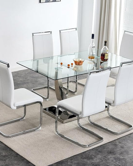 63” Glass Dining Table Set for 6,Modern Dining Room Table Set for 6,Kitchen Table and PU Leather Chairs for 6, Dinner Table with Rectangle Tempered Glass Top and Chrome Silver Base