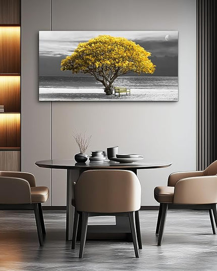 wall art for living room Decorations Photo Prints - panoramic black and white with yellow trees The moon scenery - Modern Home Decor The room Stretched and Framed Ready to Hang artwork 20X40inches