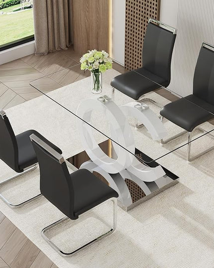 Ebullient Glass Dining Table Set for 4 ，5 Piece Dining Table Set,Tempered Glass Table Top，White Modern Dining Room Table with 4 PU Leather Ergonomic Dining Chairs
