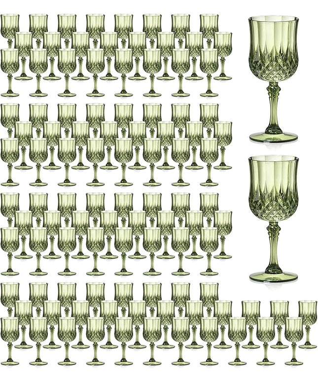 XUWAIDSGN 7oz Plastic Vintage Wine Glasses Drinking Glasses Unbreakable Wedding Glassware Crystal Water Goblets Reusable Drinkware Vintage Champagne Flutes (100, Dark Green)