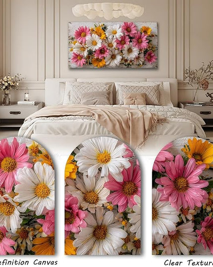 KZKU Rustic Daisy Canvas Wall Art-Large Floral Print on Weathered Blue Wood Background- Modern Farmhouse Decor for Living Room Bedroom20X40in