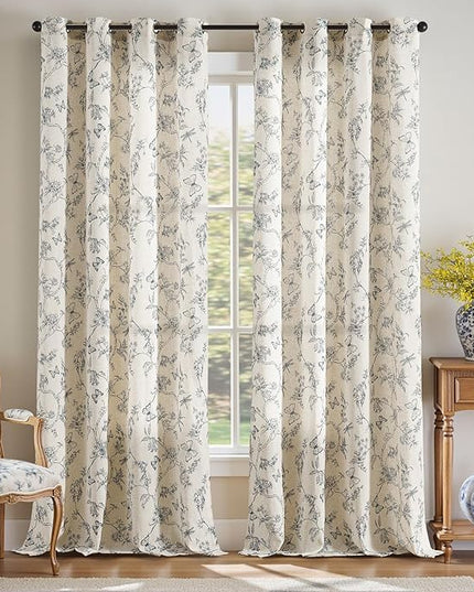 Lazzzy Linen Blue Floral Farmhouse Curtains 96 Inches Long Drapes for Living Room Bedroom Pattern Light Filtering Country Vintage Curtain Grommet Top, 2 Panels, Blue on Beige