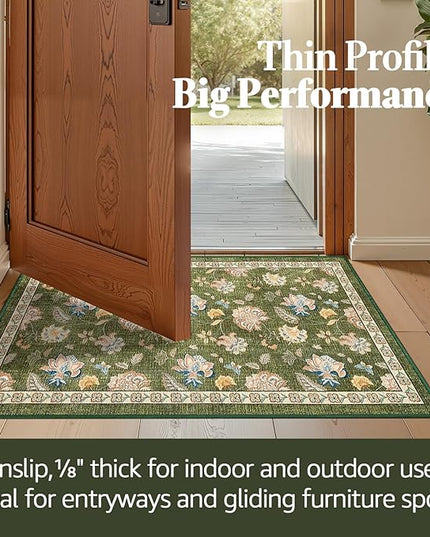 jinchan Elora 3x5 Floral Rug for Entryway Washable Kitchen Rug Vintage Romance Design Christmas Small Mat Non Slip Indoor Doormat Lightweight Low-Profile Throw Carpet for Entrance Bathroom, Green