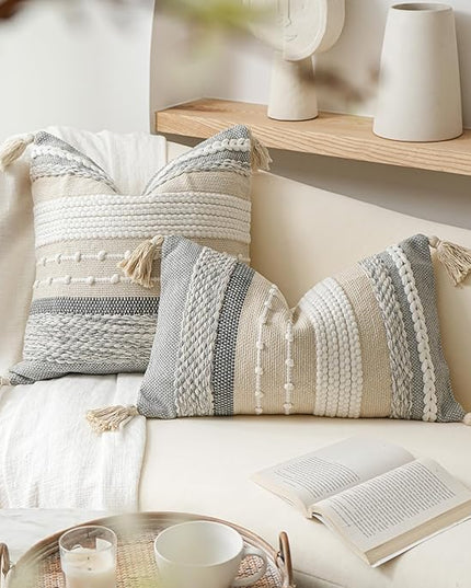 BlissBlush Decorative Lumbar Throw Pillow Cover 14x24 Boho Gray Accent Cushion for Couch Sofa Farmhouse Pillowcase for Bedroom Living Room Home Décor Cover ONLY