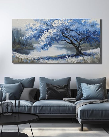JuhaiArt Scenery Picture Wall Decorations Large Tree Wall Art Blue Canvas Wall Art for Living Room Bedroom Office White Poster 29"x 59"