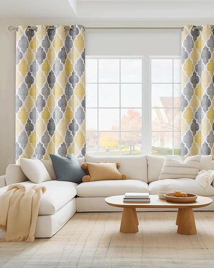 Beauoop 100% Blackout Curtains 72 Inches Long 2 Panels for Bedroom Living Room Yellow Grey Moroccan Geo Room Darkening Thermal Insulated Soundproof Grommet Top Window Treatments Drapes, 50x72 Set of 2