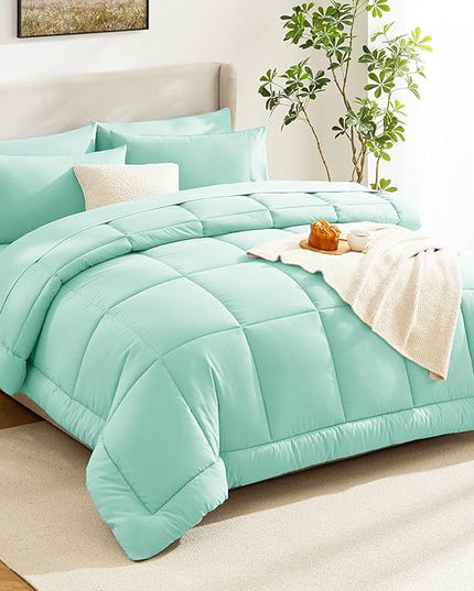 CozyLux Full Size Comforter Sets Mint Green, 7 Pieces Bed in a Bag, Green Comforter Full Size, All Season Bedding Sets with Stitch Quilted Comforter, Flat Sheet, Fitted Sheet, Pillowcases