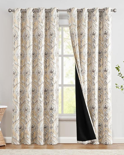 jinchan Blackout Curtains 84 Inches Long Golden Foil Damask Medallion Window Curtains for Bedroom Grommet Thermal Insulated Drapes for Living Room Vintage Luxury Window Treatments Set 2 Panels