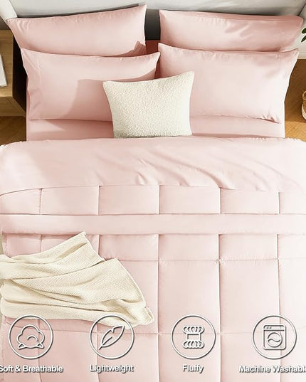 CozyLux Queen Comforter Set Blush Pink, 7 Pieces Bed in a Bag, Pink Comforter Queen Size, All Season Bedding Sets with Stitch Quilted Comforter, Flat Sheet, Fitted Sheet, Pillowcases