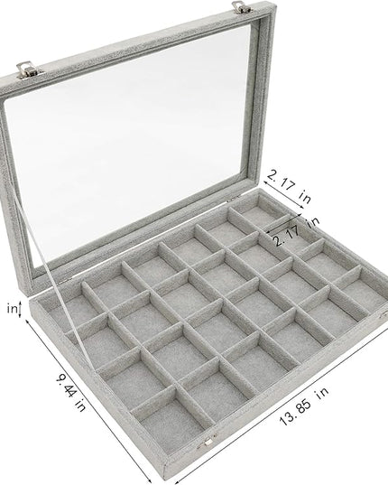Stratalife Velvet Jewelry Organizer 24 Grid Jewelry Tray with Clear Glass Lid Display Showcase Storage Organizer Box for Earring Necklace Rings Dice Gray (24 Grids)