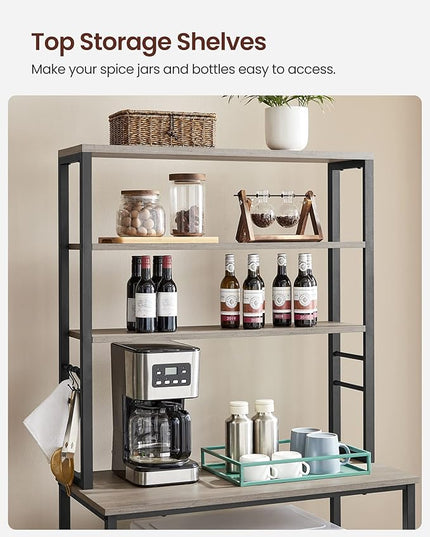 VASAGLE Coffee Bar, 31.5 Inches Baker's Rack for Kitchen with Storage, 6-Tier Kitchen Shelves with 6 Hooks, Microwave Stand, Industrial, Heather Greige and Ink Black UKKS019B02