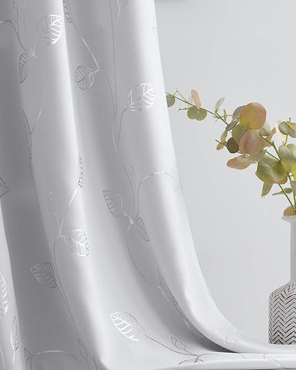 BUHUA White Black Out Curtains 108 Inch Long 2 Panels, Soundproof Curtains with Elegant Silver Leaf Print, Heat Blocking Curtains for Livingroom, 52W x 108L, Greyish White