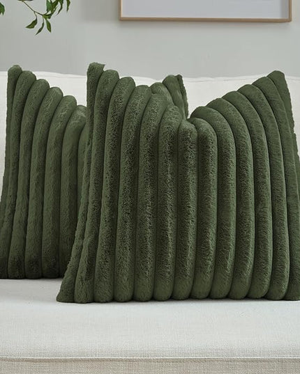 FUTEI Olive Green Throw Pillow Covers Set of 2, 28x28 Inch Striped Texture Euro Pillow Shams with Soft Faux Rabbit Fur Front & Velvet Back, Modern Decorative Couch Pillows for Living Room