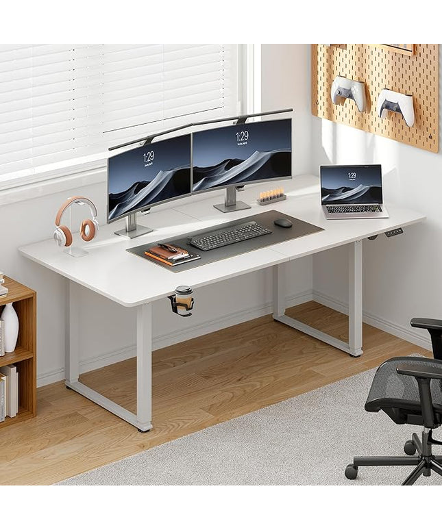 63x30 Inch Adjustable Standing Desk with 4 Legs, Stand up Desk Features a Spacious Rectangular Top, Dual-Motor Lift, and Memory Presets (28-46Inch) for Home Offices or Computer Workstations, White