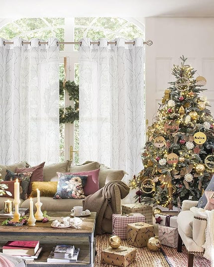 BUHUA Christmas Sheer Curtains 63 Inch Length 2 Panels Set, Sheer Window Curtains Tree Pattern, Privacy Curtain for Kitchen Living Room (52 x 63 Inch, 1 Pair, White)