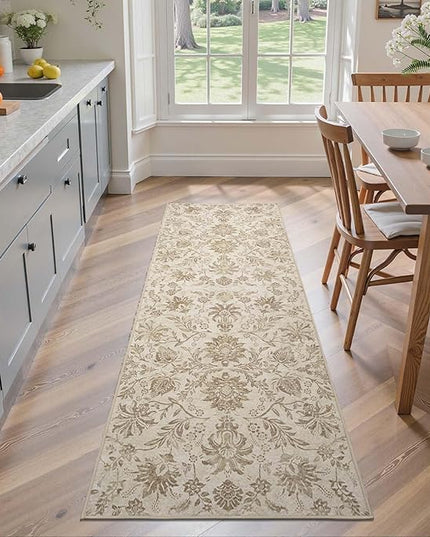 jinchan Torino Runner Rugs 2x6, Vintage-Inspired Floral Neutral Design Machine Washable Non-Slip Ultra-Thin Low-Pile Rubber Backing Runner Rug for Kitchen Hallway Laundry Room Entryway Taupe
