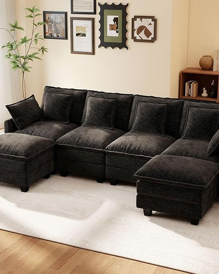 Ihanherry 106" U-Shaped Modern Sofa Modular Sectional Cloud Couch 6-Seat Chenille Seat Sofa with Ottoman for Living Room, Bedroom and Apartment, Black