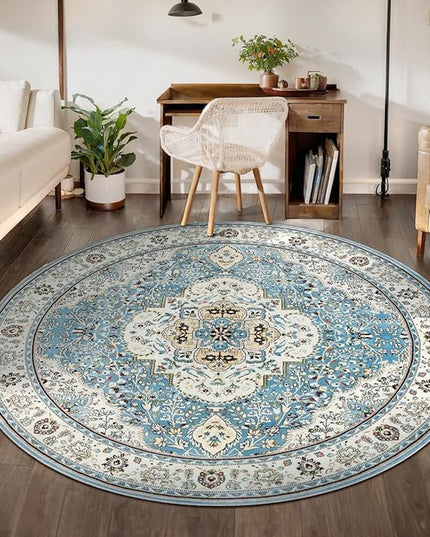 Ciicool Washable Area Rug Round 6’x6’ Boho Bedroom Rug Non-Slip Oriental Carpet Throw Rug Low-Pile Indoor Floor Carpet for Dining Room Living Room Laundry Foyer Decor (Vintage Blue)