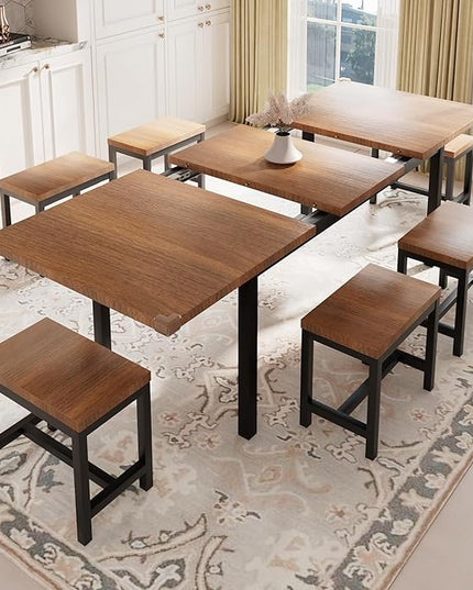Feonase 7-Piece Dining Table Set with 6 Stools, 63" Large Extendable Kitchen Table Set for 4-8, Mid-Century Dining Room Table with Heavy-Duty Frame & MDF Board, Easy Assembly, Walnut