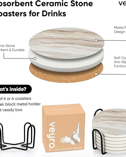VEYRO Coasters Set of 6 for Drinks – Absorbent Ceramic Stone Drink Coasters with Cork Backing for Coffee Table & Desk, Modern Marble Look Cup Coaster Set, Housewarming Gift for New Home