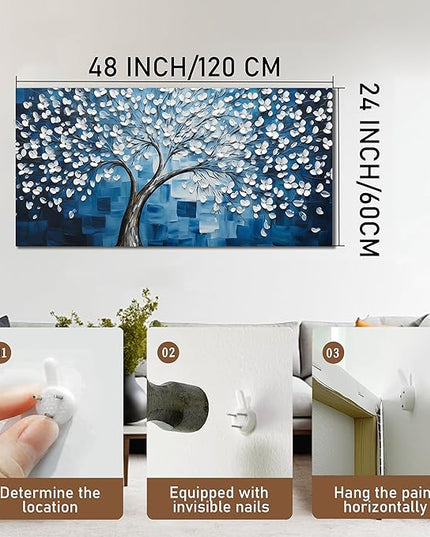 SSNEEKNDG Blue Tree of Life Wall Art for Bedroom White Flower Tree Large Artwork for Living Room Office Kitchen Modern Aesthetic Pictures Canvas Prints 24"x48"