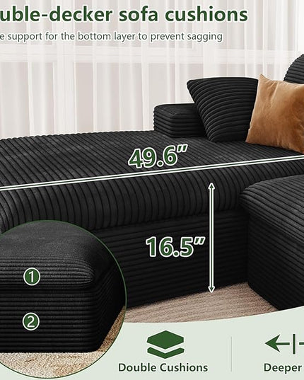 136" Cloud Couch Modular Sectional Sofa for Living Room, L-Shape Boneless Couch with Deep Seat, Modern Corduroy 4-Seater, No Assembly Required (Black,Left-Facing Chaise)