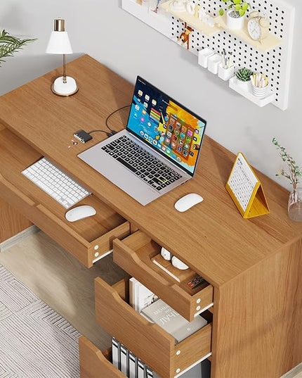 52 Inch Desk with 4 Drawers, Small Computer Desk for Small Space, Home Office Desk with Storage File Cabinet for Bedroom, Brown