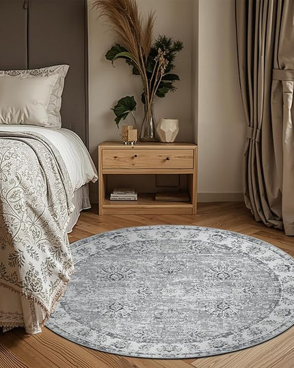 jinchan Fiora Round Rug 5ft Area Rug - Indoor Vintage Hallway Circle 5' Washable - Ultra-Thin Low Pile Soft Small Non Slip Distressed Floral Print for Living Room Dining Room Bedroom Entryway Grey