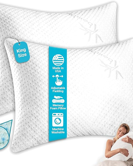 Xtreme Comforts 2-Pack Pillows for Sleeping Made in The USA Sleep Adjustable King Memory Foam Pillow for Side, Back & Stomach Sleepers w/Removable Cooling Zipper Cover
