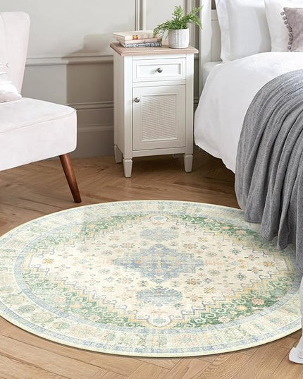 MUJOO Round Rug 4ft,Small Cicle Area Rug Washable,Circular Rugs for Entryway Bedroom Kitchen,Boho Non Slip Throw Carpet Light Green and Blue