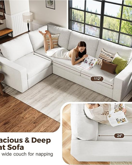 ABCASA 112" Convertible Sectional Sofa, Large L Shaped Couch with Detachable Sofa Cover, Modular Couch for Living Room, Breathable Linen Fabric Corner Sofa for Apartment, Ivory