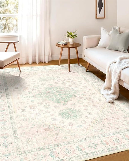 MUJOO 5x7 Area Rugs Washable,Boho Rug for Living Room Bedroom Dining Room Office,Large Throw Carpet,Non Slip Big Soft Indoor Low Pile Light Pink and Green