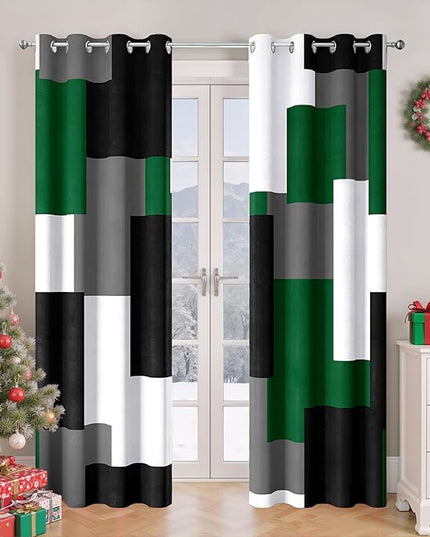 Green Blackout Curtains for Bedroom 63 inch Long 2 Panels Set Black Grey White Modern Abstract Geometric Black Out Curtains Insulated Room Darkening Window Drapes for Living Room, 52Wx63L