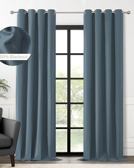 ChrisDowa 100% Blackout Blue Solid Curtains 108 Inches Long 2 Panels for Bedroom Living Room,Farmhouse Room Darkening Thermal Insulated Soundproof Grommet Top Window Treatment Drapes,52x108