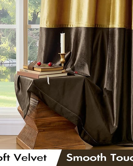 BULBUL Color Block Window Curtains Panels 102 inches Long Gold Brown Velvet Farmhouse Drapes for Bedroom Living Room Darkening Treatment with Grommet Set of 2