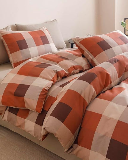 CLOTHKNOW Rust Plaid Queen Comforter Set 3Pcs Gingham Buffalo Bedding Comforter Sets Rust Brown Khaki Geometric Comforter Queen with 2 x Pillow Cases