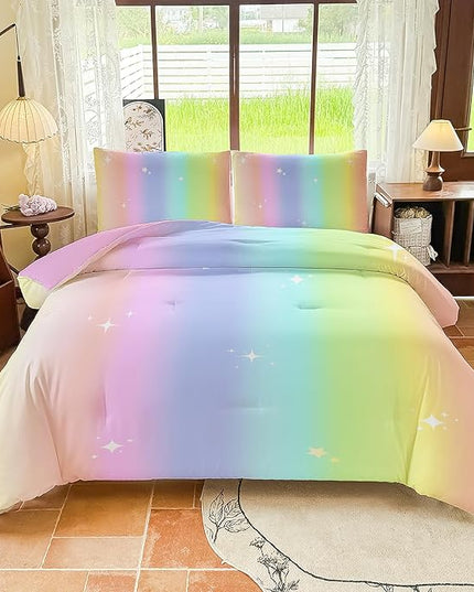 Rainbow Bedding Set Full Size – 5 Piece Reversible Girls Comforter with Deep-Pocket Sheet, Gradient Galaxy Design, Whole-Piece Filling, Machine Washable Bed-in-a-Bag for Kids Room Makeover & Gifts