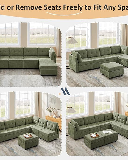 VANOMi 4 Seater Cloud Couches for Living Room with 2 Ottomans, 118" Modular Sectional Sofas & Couches, Comfy Chenille Cloud Sectional Couch Sofa for Apartment, Office, Green, U Shaped